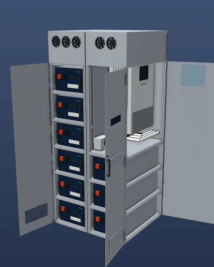 Garage build with doors open, modules on shelves