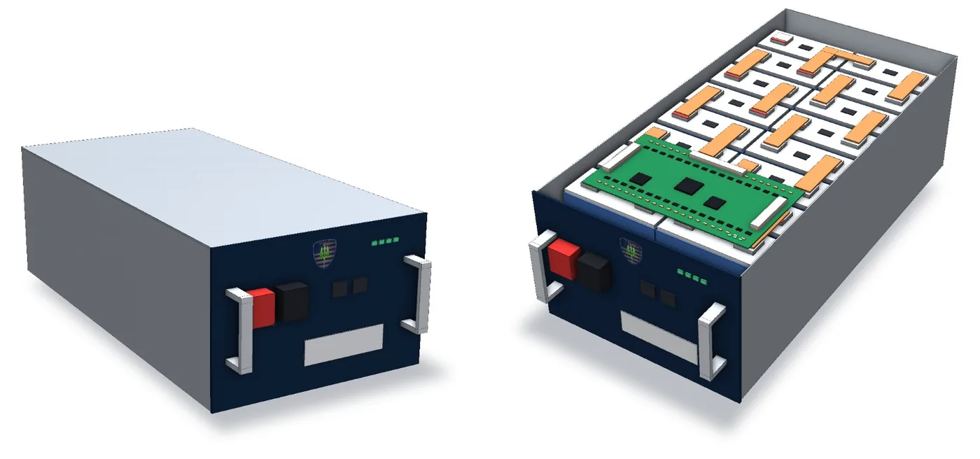 Shield 3.0 48V module, closed and with the lid off showing 16 cells